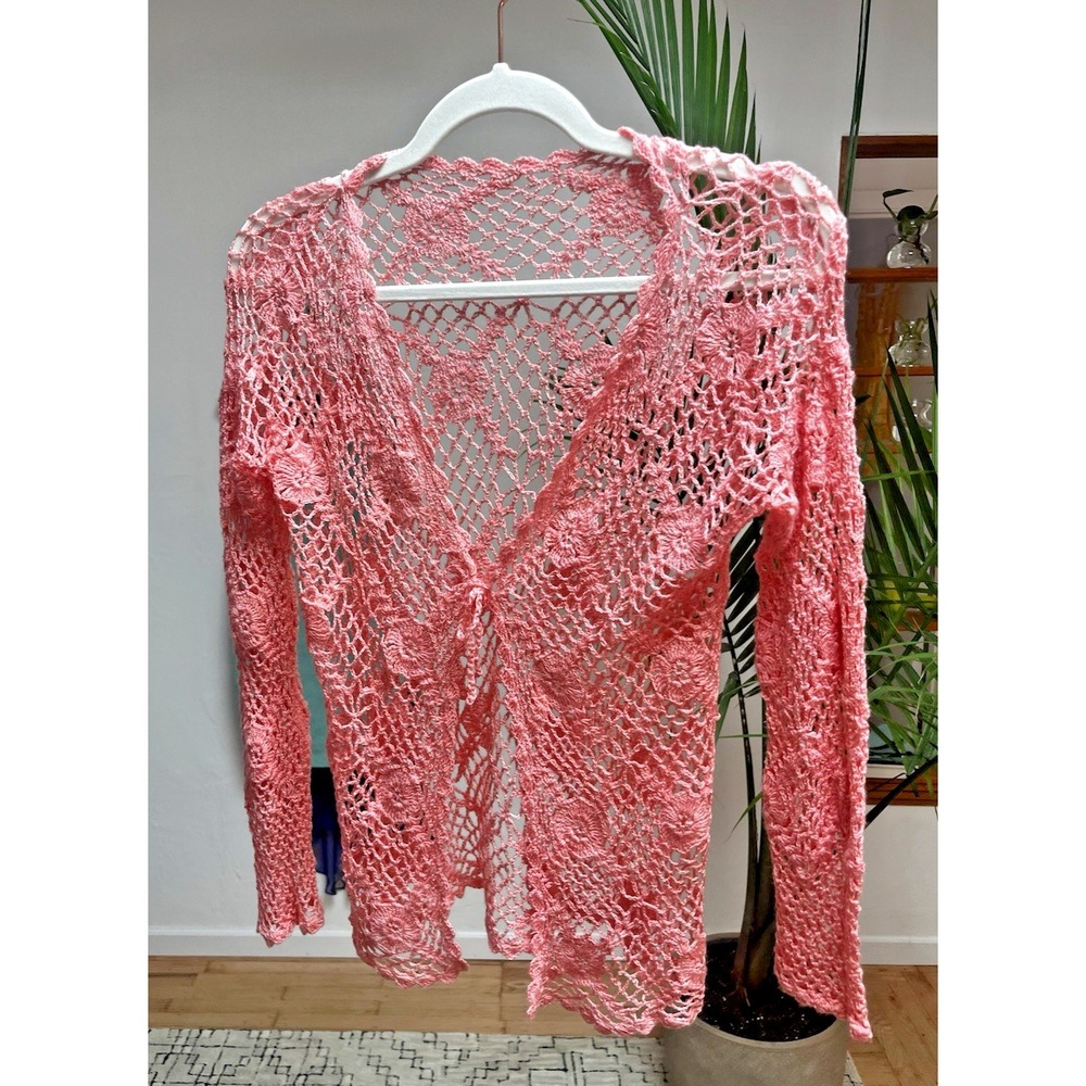 Crochet Women's Coverup Coral Size M Long Sleeve Waist Length